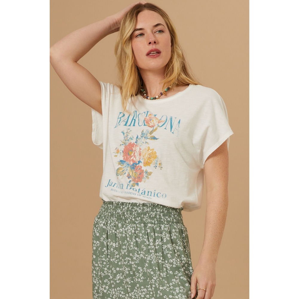 Altar'd State Barcelona Botanical Graphic Tee Women Large White Raw Hem